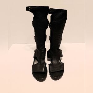 Stuart Weitzman Backview Tall Gladiator Black Leather Sandals